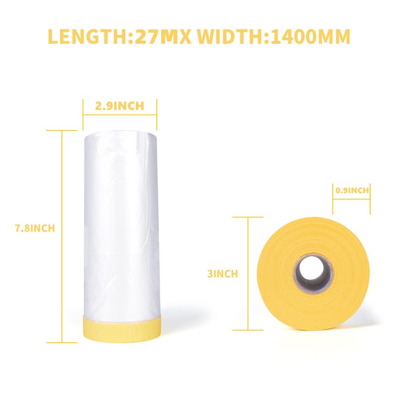 TAPEBEAR Pre-Taped Masking Film, Tape and Drape, Plastic Sheeting Roll, Automotive Painters Masking Tape Film, Plastic Sheeting Cover for Appliance and Furniture, 5feet X 90feet,1400mm x 27m, 3Rolls - Image 2